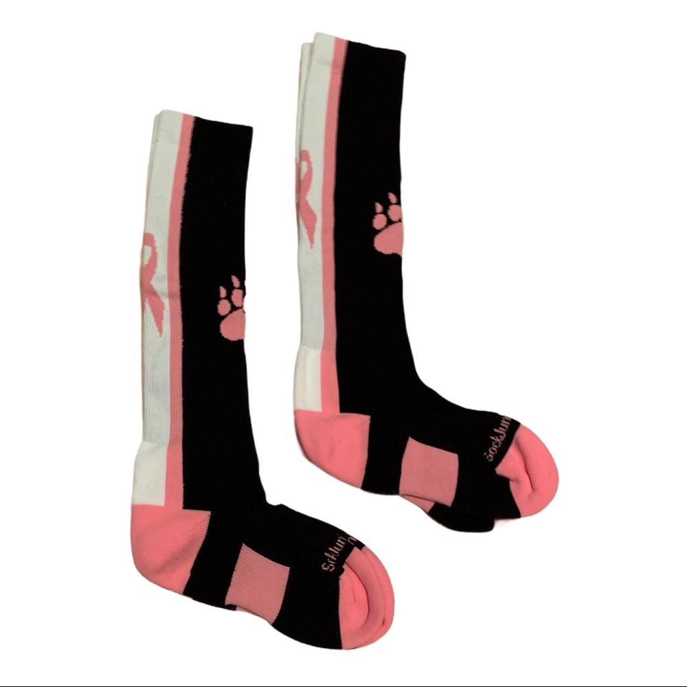 NEW 2 Pairs Girls Soccer Socks Knee High Bear Paw Print Pink & White OS